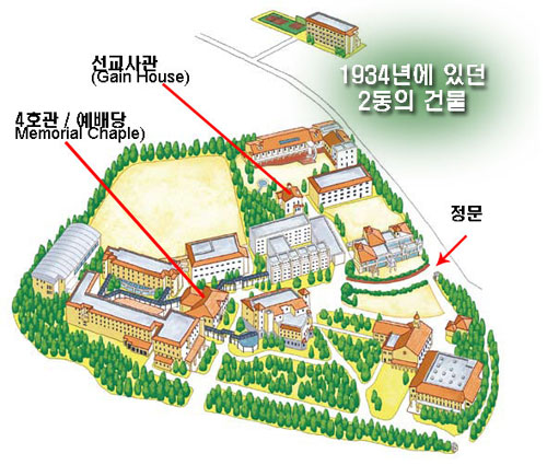 관서대학 성화 캠퍼스에 남아있는 고건물 위치도
