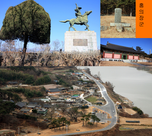 왼쪽부터, 곽재우 장군의 동상(망우공원), 묘지(달성군 구지), 임진왜란의병관(망우공원). 아래 사진은 도동서원 전경 