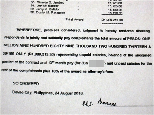 2010년 8월 24일 NLRC는 PMMDI에 약 200만 페소, 한국 돈으로 약 5000만 원을 전씨와 필리핀 광부들에게 지불하라는 명령을 내렸다