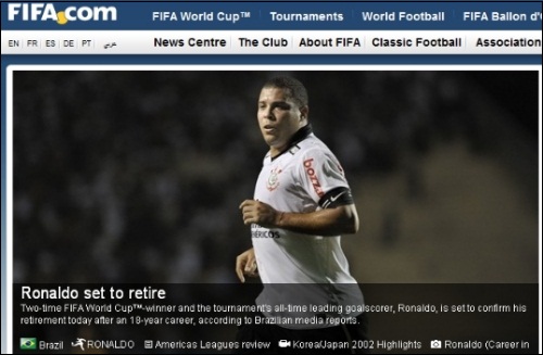  호나우두의 은퇴를 알리는 국제축구연맹(FIFA) 공식 홈페이지