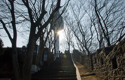 케이블카에서 내려 남산으로 오르는 계단, 옆으로 성곽이 둘러쳐져 있다.
