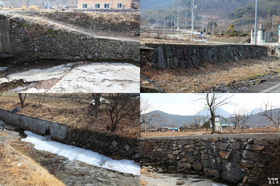  위의 사진을 보면 옛날에 쌓았던 자연석을 쌓아 만든 정감 있는 개울 축대와 최근에 쌓은 개성 없는 축대를 비교할 수 있다.

