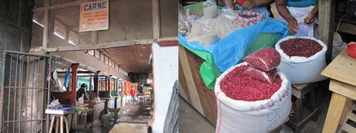옷과 잡화를 파는 건물 뒤에 있는 재래시장. 정육점과 가요 핀도(gallo pinto)의 주 재료인 붉은 콩의 모습이다.