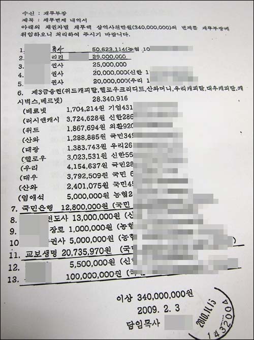 K교회 김아무개 목사가 2009년 2월 3일 재무부장에게 제출한 채무변제 내역서. 총 3억 4000만 원이다(자료사진).