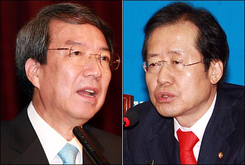 정운찬 동반성장위원장(사진 왼쪽)과 홍준표 한나라당 최고위원.