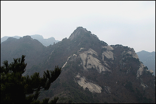 의상봉에서 바라본 용출봉 저 뾰족한 용출봉에 오르기 위하여 암릉길에 줄이 이어지고 있다. 