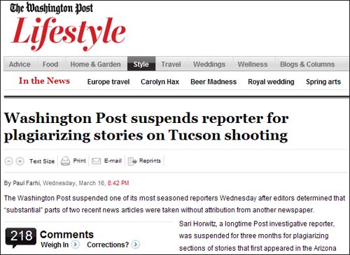 투산 총기 난사 기사를 표절한 기자에게 정직 징계를 내렸다는 <워싱턴포스트> 기사에 누리꾼들의 댓글이 218개나 달려 있다.