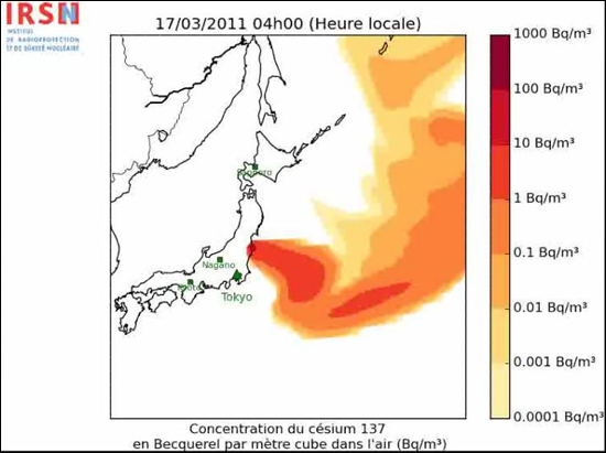 프랑스의 핵물질 감시단체인 '방사능 방어 및 핵안전연구소'(IRSN)가 후쿠시마 원전에서 유출된 방사성 물질(세슘137)이 날짜별(3월 12~20일 동안)로 풍향에 따라 대기중에 어떻게 분산되는지 그 농도를 시뮬레이션 형태로 제작해 공개한 동영상 가운데 17일 상황. 오염 농도가 높을수록 색깔이 짙은 색으로 표현된다.
