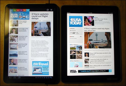 모토로라 줌 등 안드로이드 태블릿용 USA투데이 앱(왼쪽)과 아이패드용.