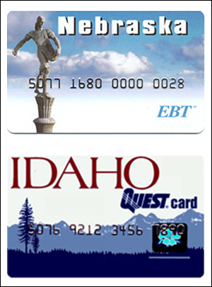 네브래스카 주(위)와 아이다호 주(아래)에서 사용되는 '푸드 스탬프'용 EBT 카드. 
 
