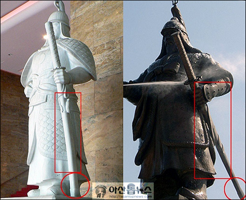 국회 본청에 있는 이순신 장군 동상(왼쪽)과 충남 아산 신정호관광단지 내에 있는 이순신 장군 동상(오른쪽).
