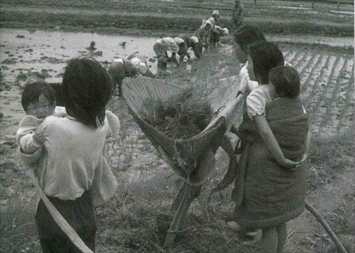 1970년대 우리의 농촌 어디서나 쉽게 볼 수 있었던, 아이들이 동생들을 업거나 안고 엄마가 젖을 물릴 수 있는 새참이나 점심때를 기다리고 있는 모습이다. 