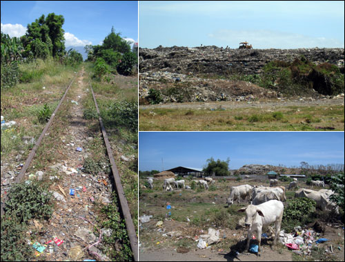 (왼쪽부터 시계방향) 통근열차 ODA 프로젝트가 시작되기 전 주민들이 거주했던 사우스 레일, 사우스빌1 지역에 있는 일명 '쓰레기산(山)', 쓰레기산 지척에 농장과 그곳의 소들이 떼지어 있다. 