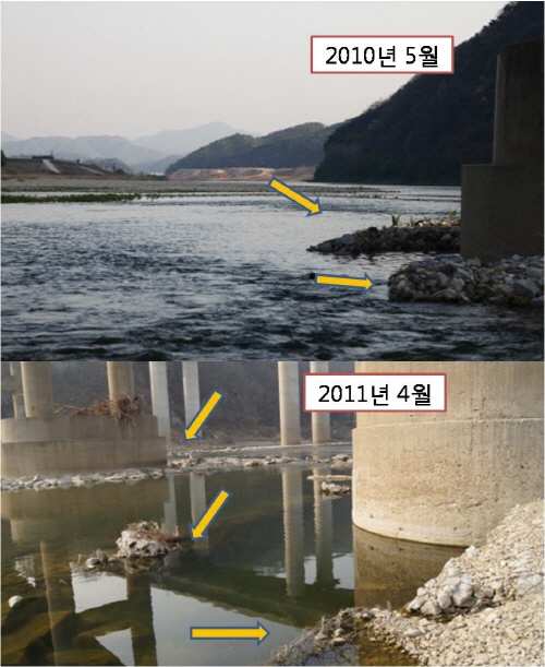 2010년 5월과 2011년 4월 섬강교 아래 비교사진. 다리의 침식을 막기위한 교각보호공이 망가져 나뒹굴고 있다.