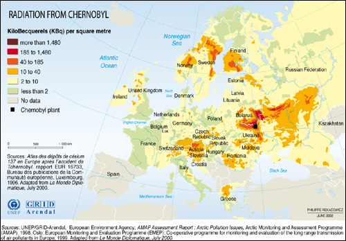체르노빌로 사고로 인한 방사능 오염 지도.