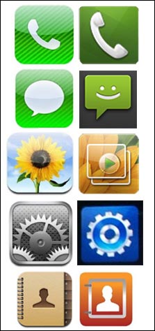 애플이 문제삼은 아이콘들. 왼쪽 열이 아이폰 iOS 아이콘, 오른쪽이 삼성 터치위즈 아이콘