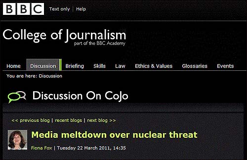 3월 22일 BBC '컬리지 오브 저널리즘' 블로그에 올라온 SMC 디렉터의 글. 원전 관련 보도에서 SMC에 지나치게 의존하면서 드러난 영국 언론의 편향성 문제를 지적하고 있다.