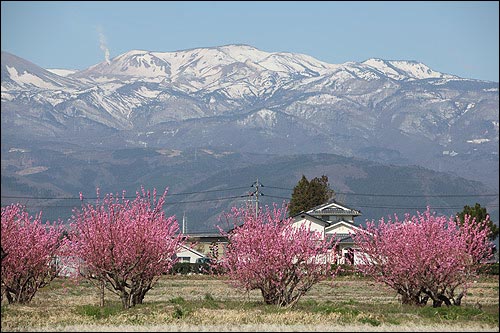 사고원전에서 60km 이상 떨어져 있는 후쿠시마현 후쿠시마시의 외곽에 있는 설산과 마을전경.