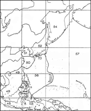 52번 수역이 한반도와 일본 열도 사이의 수역이며 이를 이른바 'Japan Sea'로 표기하고 있다.