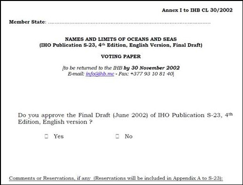 국제수로기구는 2002년 한반도와 일본열도 사이의 수역에 대해서 'Japan Sea' 명칭을 삭제하고 공란으로 두는 회람안을 만들어 회원국의 의사를 듣고자 했다.