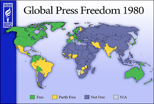 1980년 언론자유 지도. 한국은 '부분적 언론자유국'(노란색)으로 표시돼있다.