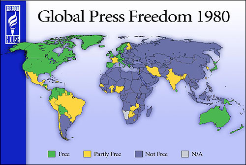  1980년 언론자유 지도. 한국은 '부분적 언론자유국'(노란색)으로 표시돼있다.