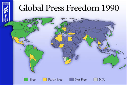 1990년 언론자유 지도. 한국은 이때부터 '언론자유국'(녹색)으로 표시되고 있다.