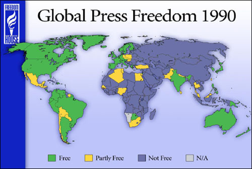  1990년 언론자유 지도. 한국은 이때부터 '언론자유국'(녹색)으로 표시되고 있다.