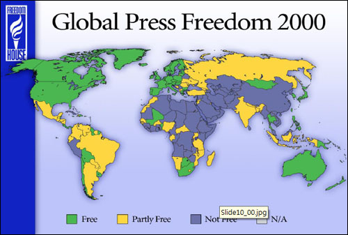 2000년 언론자유 지도. 한국은 '언론자유국'(녹색)으로 표시돼있다.