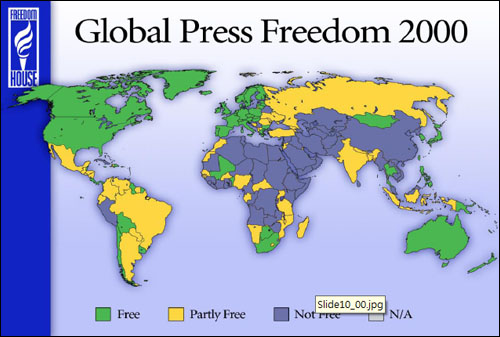  2000년 언론자유 지도. 한국은 '언론자유국'(녹색)으로 표시돼있다.