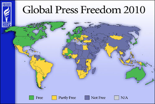 2010년 언론자유 지도. 한국은 여전히 '언론자유국'(녹색)으로 표시돼있다.