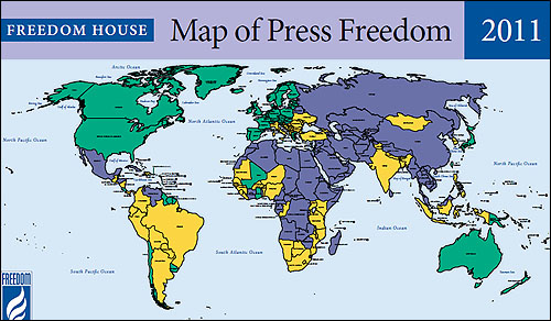 2011년 언론자유 지도. 한국이 '부분적 언론자유국'(노란색)으로 강등됐다.