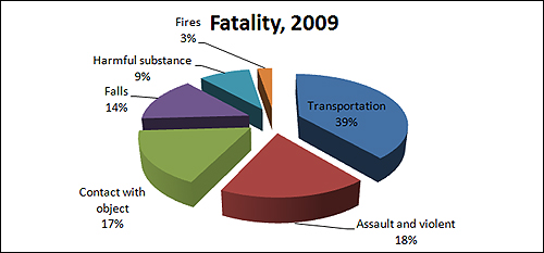 미국 노동부 자료로 만들어 본 노동자 사망 원인 그래프. 운송수단에 의한 사고, 직장 내 폭력, 접촉 및 추락사가 많다.