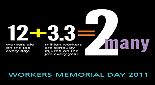 산업재해의 심각성을 전하는 미국 노동부 포스터. "매일 12명의 노동자가 죽는다 +매년 330만 명의 노동자가 심하게 다친다 = 너무 많다." 