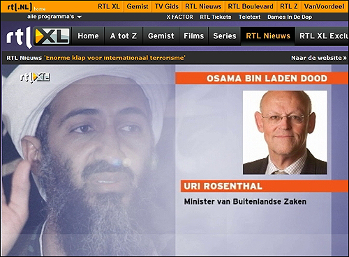 빈 라덴 사살 소식이 전해진 후 rtl(네덜란드 방송국)에서 네덜란드 외교부 장관과 전화 인터뷰를 하고 있는 장면.
