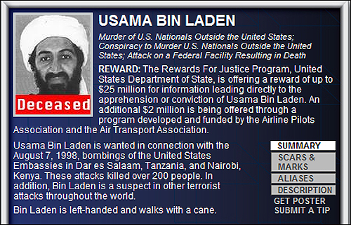 FBI는 지명수배된 테러리스트 명단에서 빈 라덴을 '사망' 처리했다.