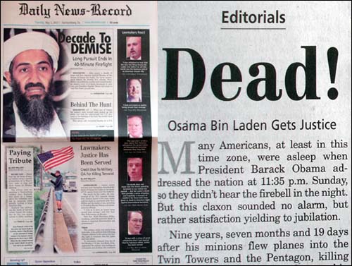 빈 라덴 사망 소식을 보도한 <데일리뉴스-레코드(DN-R)>.