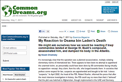 빈 라덴 사살에 관한 노엄 촘스키의 글을 게재한 <커먼드림즈>.