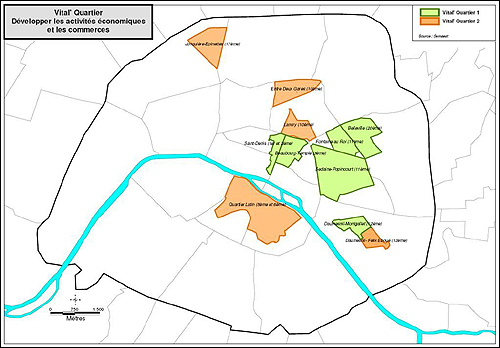 Semaest의 '동네 살리기 작전' 지도. 초록색으로 표시된 곳이 2004년에 시작된 1차 작전 지역, 오렌지색으로 표시된 곳이 2008년에 시작된 2차 작전 지역이다.
