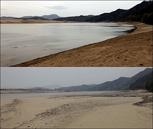 지난 4월 찍은 사진과 19일에 촬영한 병성천 본류 합수부 지점. 강물이 흐르던 곳에 운동장 크기만한 넓은 모래사장이 생겼다.