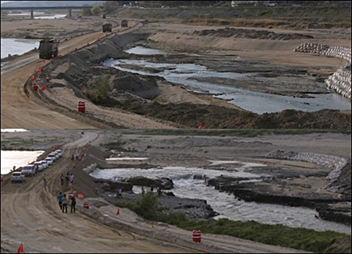지난 4월 촬영한 감천(위)과 현재의 감천(아래). 임시도로 아래로 파이프를 묻어 물을 보내고 있다. 하지만 아래 사진의 도로는 지난번 비로 붕괴된 것을 다시 쌓은 것이다. 