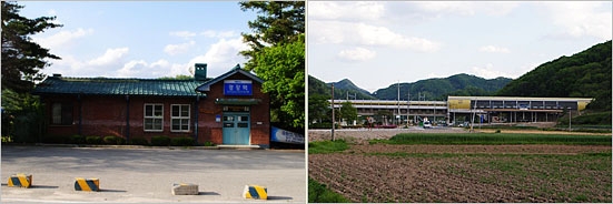 경춘선 복선전철이 개통되면서 폐선이 된 경강역(왼쪽)과 경강역을 대체하게 된 신식 전철역인 굴방산역(오른쪽).