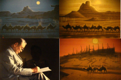 　일본화가 히라야마(平山郁夫) 씨가 그림 그리는 모습(왼쪽 아래)과 그의 그림입니다. 실크로드의 어느 한 곳에서 해가 저물 무렵, 밤, 그리고 아침 모습을 그림에 담았습니다. 
