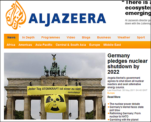 지난 2011년 5월 기민당의 메르켈 총리가 이끄는 독일 연립정부가 2022년까지 모든 원전을 폐쇄하기로 결정했다는 소식을 보도한 <알 자지라>.