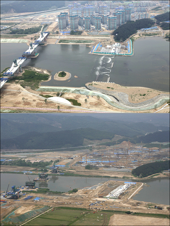 세종시 금남보 공사현장-완공을 앞둔 금남보 모습(위 사진:2011년, 아래:2010년).
