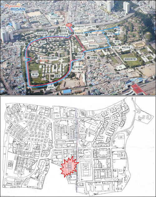 부산시는 미군기지였던 하야리아 터를 부산시민공원으로 만들 계획이다(위 사진). 아래 사진은 하야리아 건물 배치도와 석면 시료 채취 위치(붉은색 표시)다.