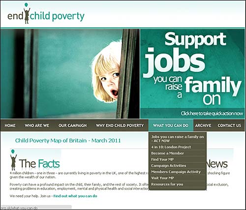 150여 개의 기관으로 이루어져 있는 'End child poverty' 홈페이지.