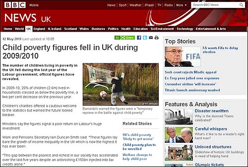 영국의 2009/2010년 빈곤 아동 수에 관해 보도한 BBC.