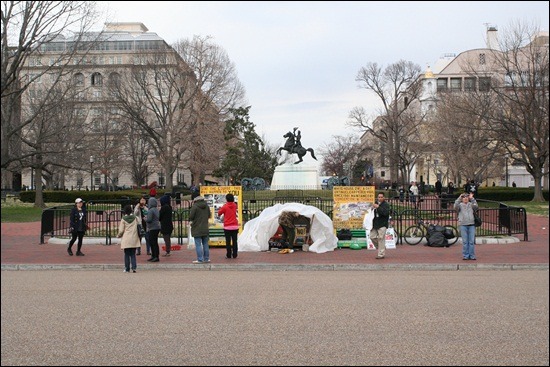 백악관 앞 시위를 둘러보는 관광객들