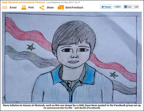 시리아 보안군의 폭력에 희생된 13세 소년 함자 알 카티브를 추모하는 의미로 페이스북에 올라온 그림.